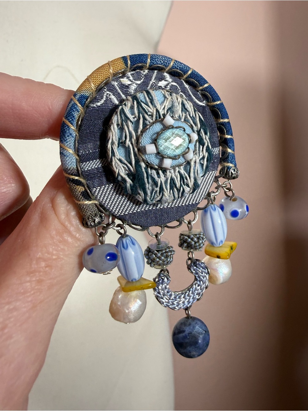 Ayala Bar artisan mixed media blue oversized brooch pendent